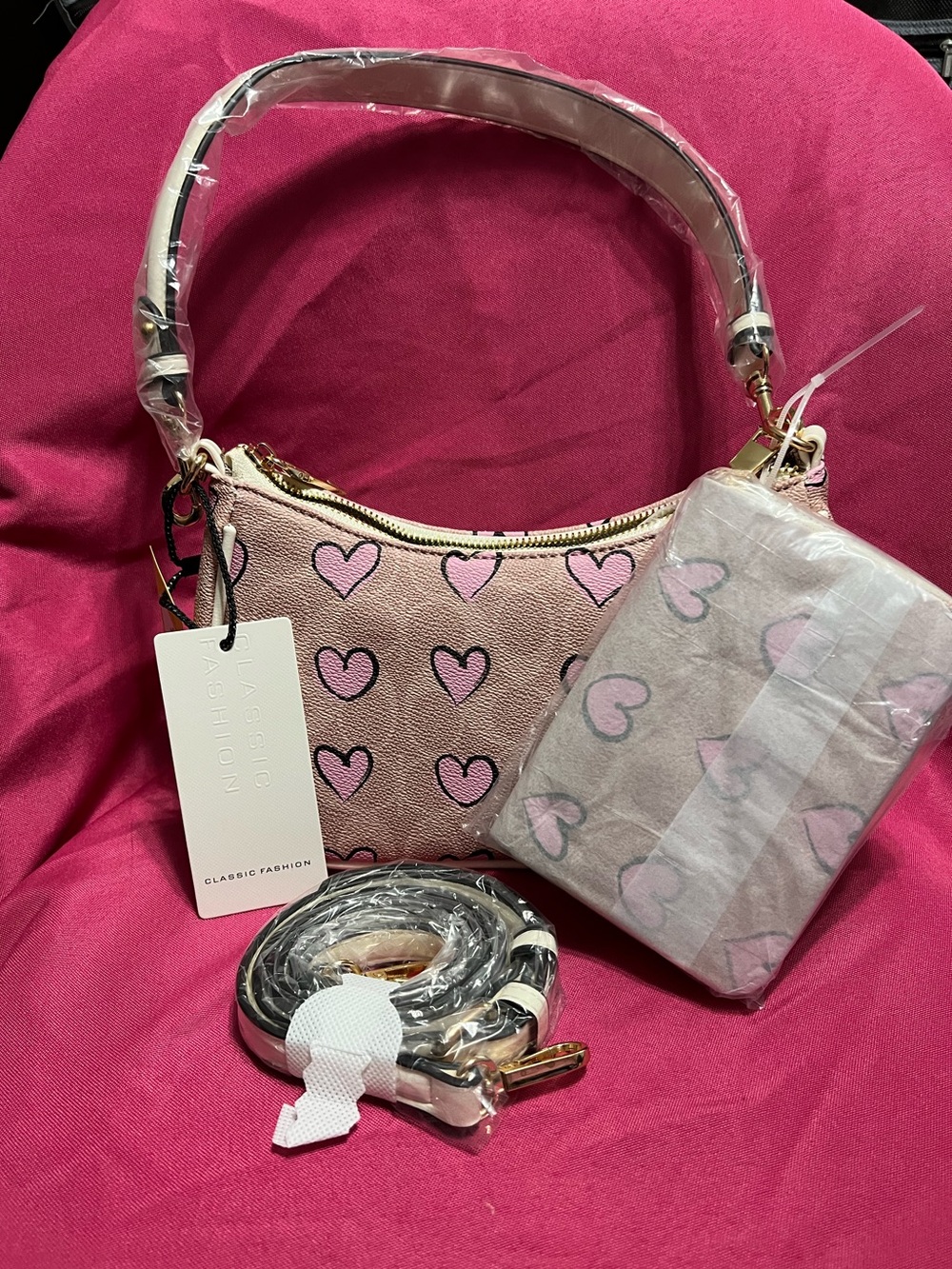 Pink Heart Print Shoulder Bag with Matching wallet and crossbody strap,